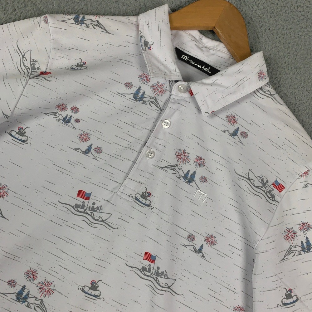 Travis Mathew Lake Break Polo Shirt Mens Medium White Novelty Print Short Sleeve